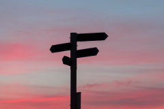 Signpost in front of sunset or sunrise